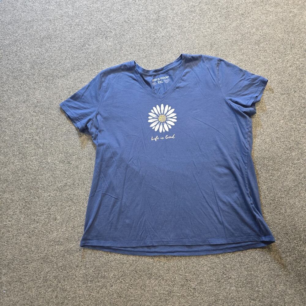 Life Is Good Top Womens Size XXL Blue Daisy Floral Crusher V Neck Casual Tee